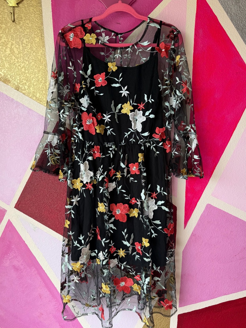 ECI New York Black Floral Embroidered Mesh Bell Sleeve Dress Size 14